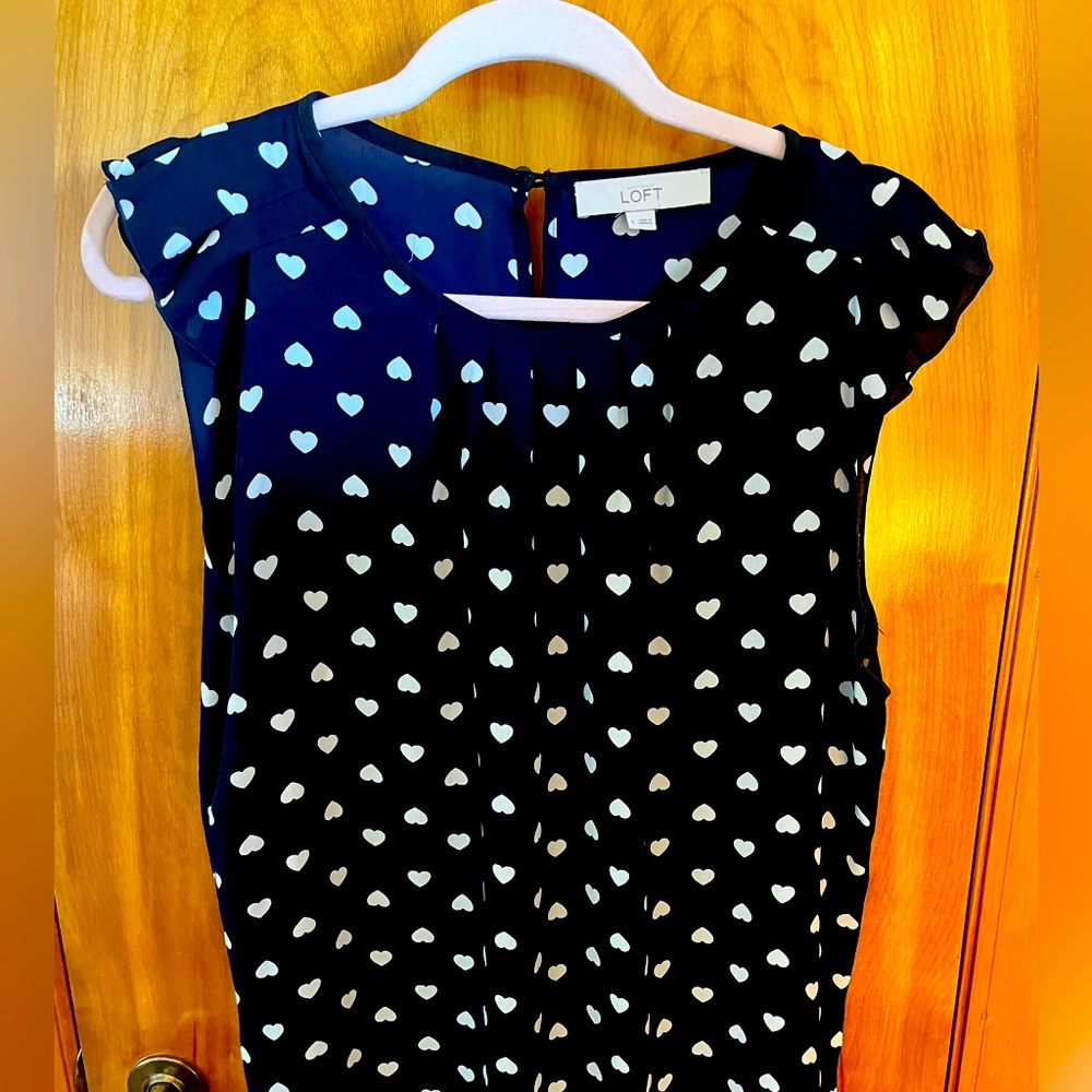 Loft Rayon blouse size L dark navy blue with white hearts. (Almost looks black)